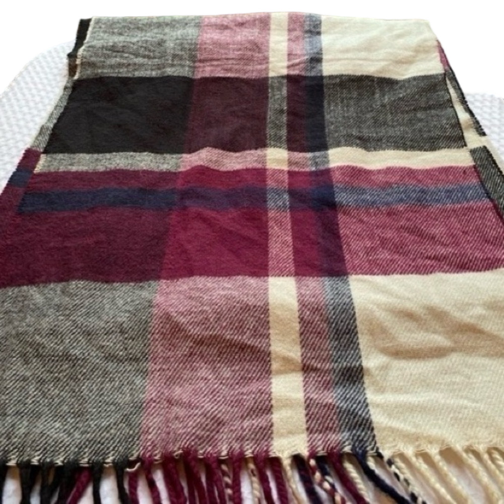Cashmere Blend Plaid Scarf Cranberry Black Fringe